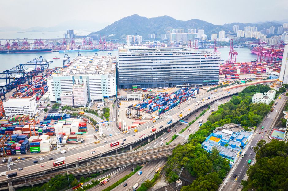 Aerial photo capturing Kwai Tsing Container Terminals, showing vibrant shipping activity in Hong Kong.